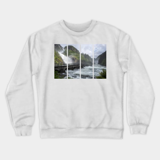 Wonderful landscapes in Norway. Vestland. Beautiful scenery of Latefossen waterfall under the Lotevatnet lake on the Hardanger scenic route. Mountains, trees in background. Cloudy day Crewneck Sweatshirt by fabbroni-art